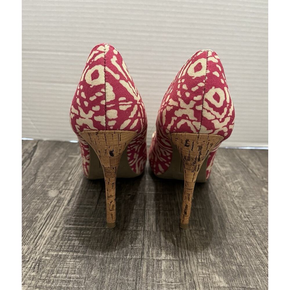 CHRISTIAN SIRIANO Women’s Pink & White Ikat Canvas & Cork Peep Toe Pump Heel 7.5 - Picture 3 of 8